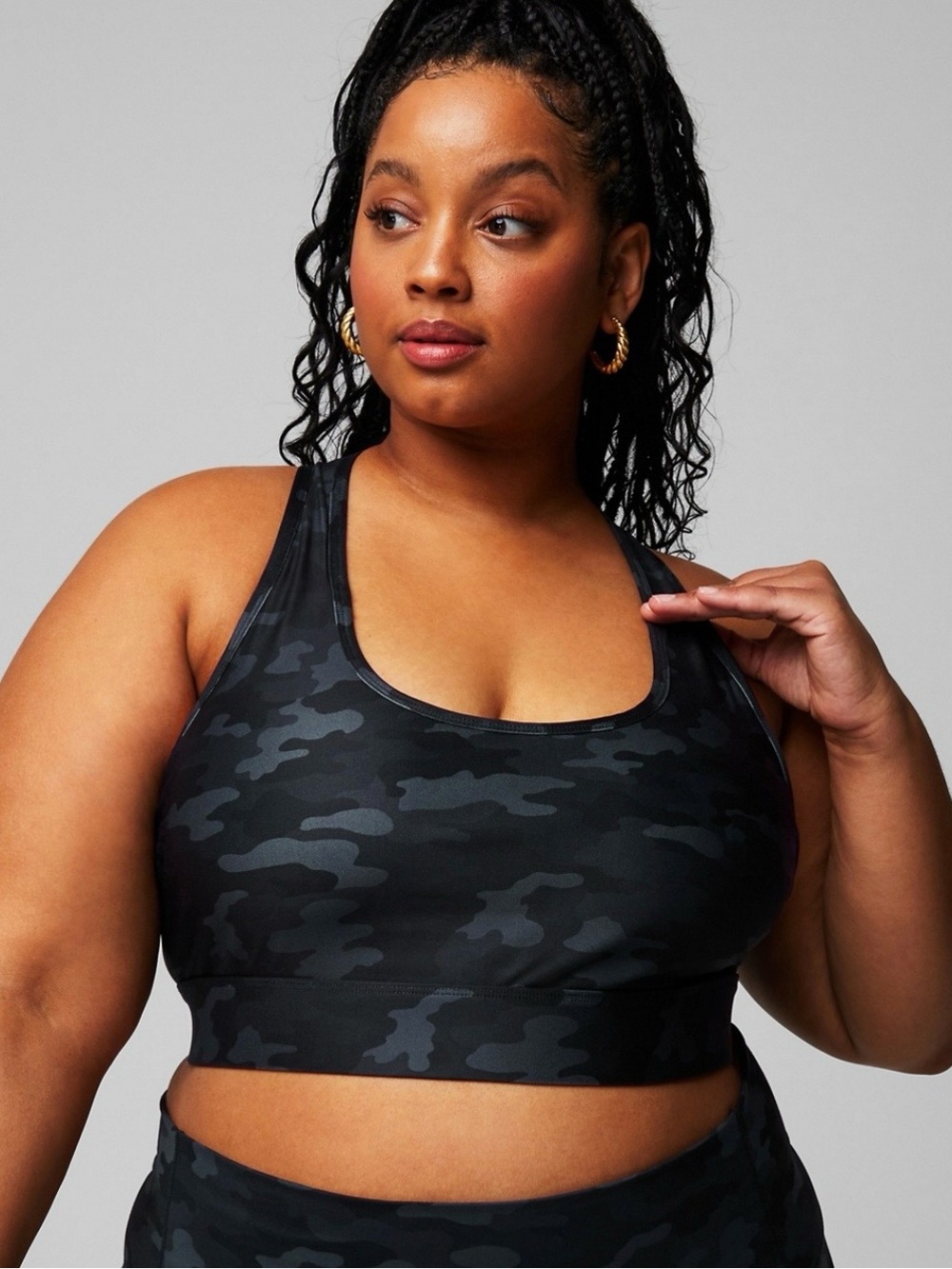 Fabletics On-the-Go Medium Impact Navy Green Camo Sports Bra Sz l-xl